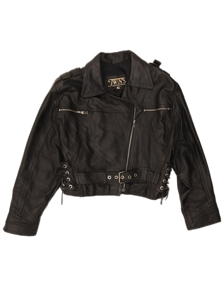 Vintage damska, oversize'owa kurtka motocyklowa UK 10, mała, czarna skóra
