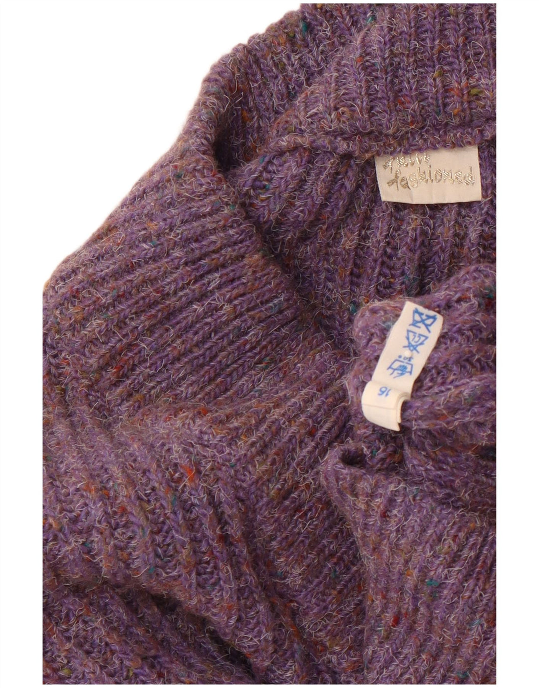 Damski sweter oversize VINTAGE z dekoltem w kształcie litery V, UK 16, duży, fioletowy nakrapiany