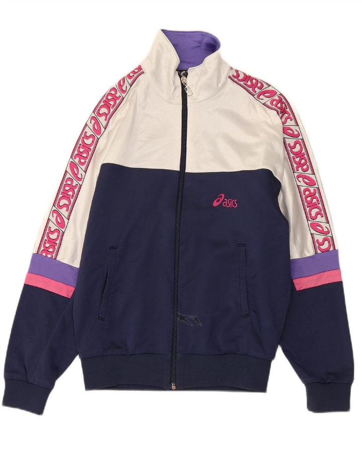 ASICS Womens Graphic Full Tracksuit UK 14 Medium Navy Blue Colourblock