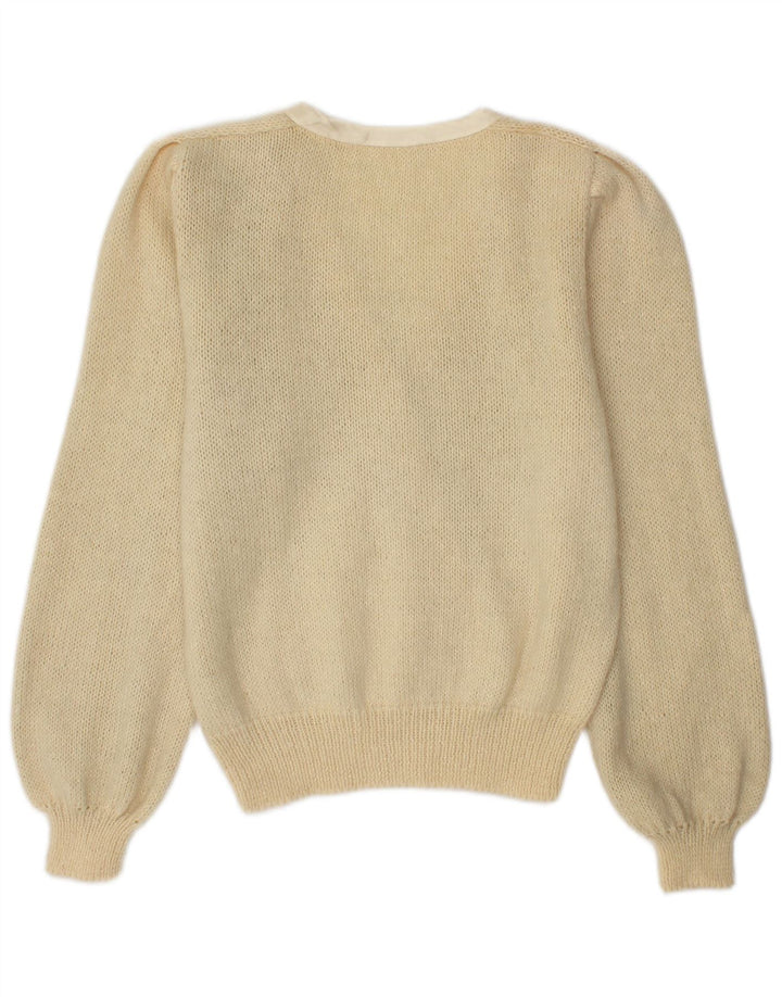 Sweter damski w stylu vintage z dekoltem w kształcie litery V, UK 14, średni beż