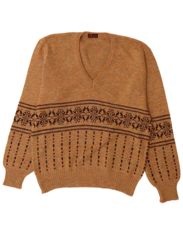 Męski sweter w stylu vintage z dekoltem w szpic, średnio brązowy, akryl Fair Isle