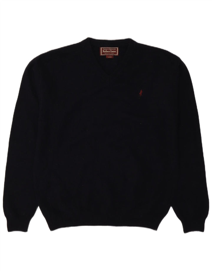 Marlboro Classics Męski sweter z dekoltem w kształcie litery V, duży, granatowy, wełniany