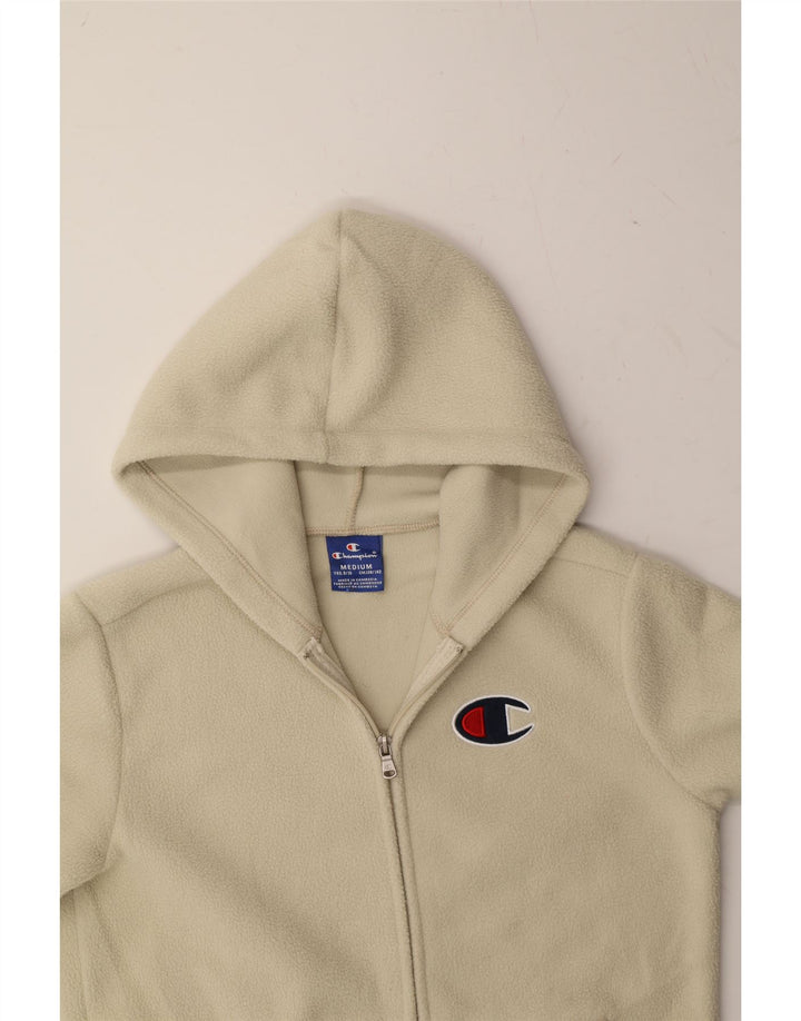 CHAMPION Boys Hooded Fleece Jacket 9-10 Years Medium Off White Polyester Vintage Champion and Second-Hand Champion from Messina Hembry 