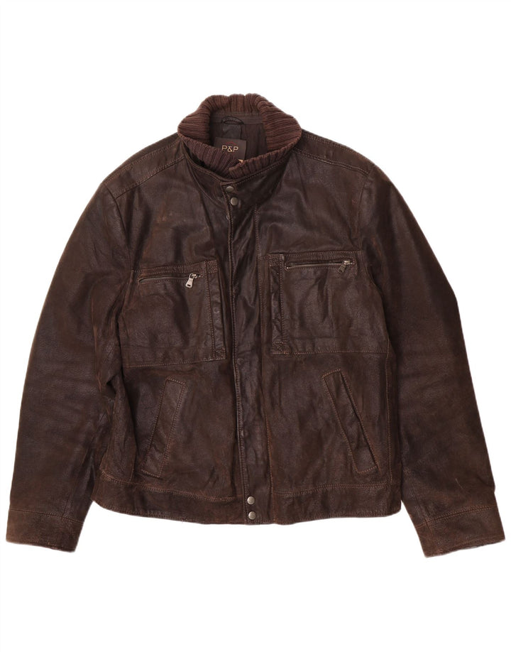 Męska kurtka skórzana P&P People UK 42 XL, brązowa skóra