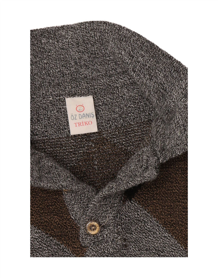 Vintage męski sweter polo z dekoltem w serek, duży, szary Argyle/diament