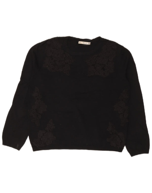 Zara Womens Crew Neck Jumper Sweater UK 12 Medium Black Floral Viscose