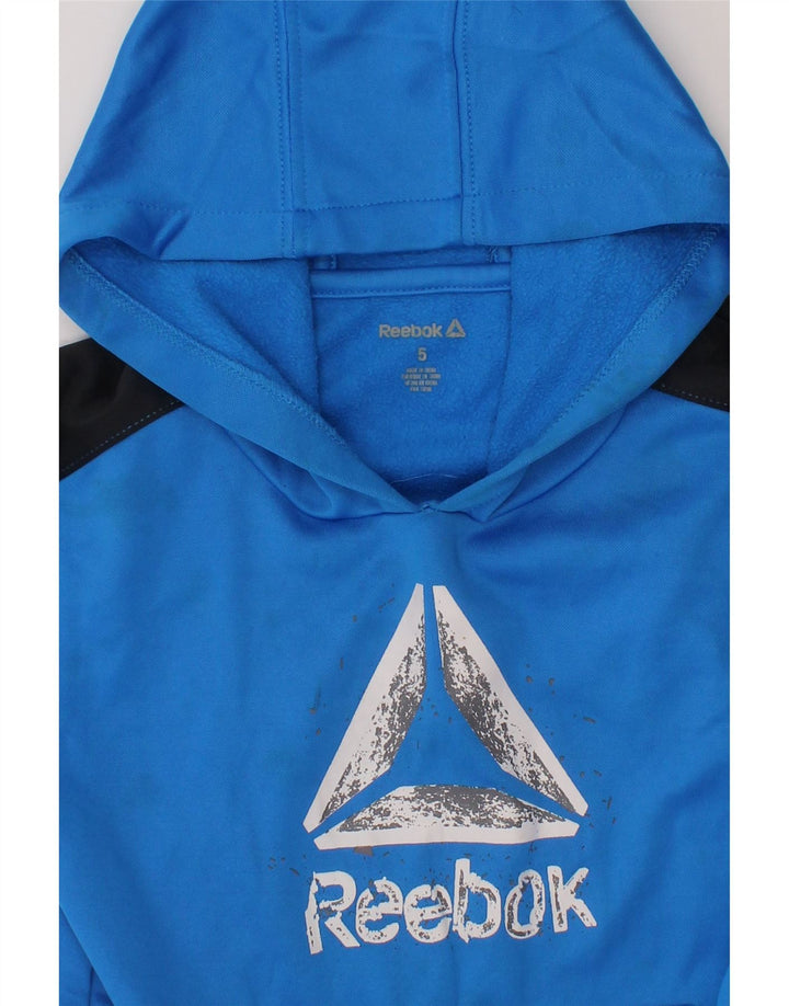 REEBOK Boys Graphic Hoodie Jumper 4-5 Years Blue Colourblock Polyester Vintage Reebok and Second-Hand Reebok from Messina Hembry 