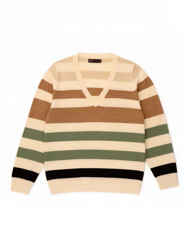 Sweter damski Marks & Spencer z dekoltem w kształcie litery V, UK 14, średni beż w paski