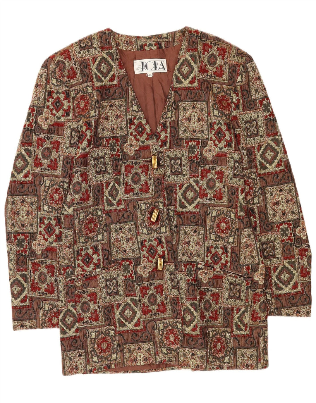 Vintage damska marynarka zapinana na 3 guziki IT 46, duży brązowy patchworkowy octan