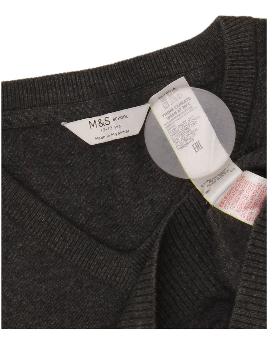 Marks & Spencer Chłopięcy sweter z dekoltem w kształcie litery V, 12-13 lat, szary, bawełniany