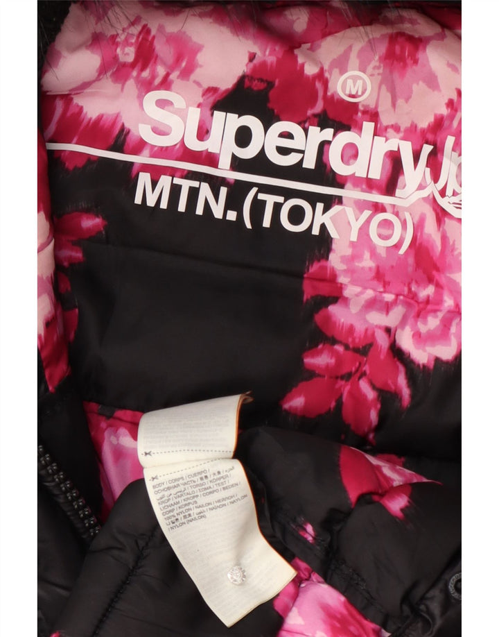 Damski ocieplany płaszcz z kapturem Superdry UK 12, średni czarny nylon