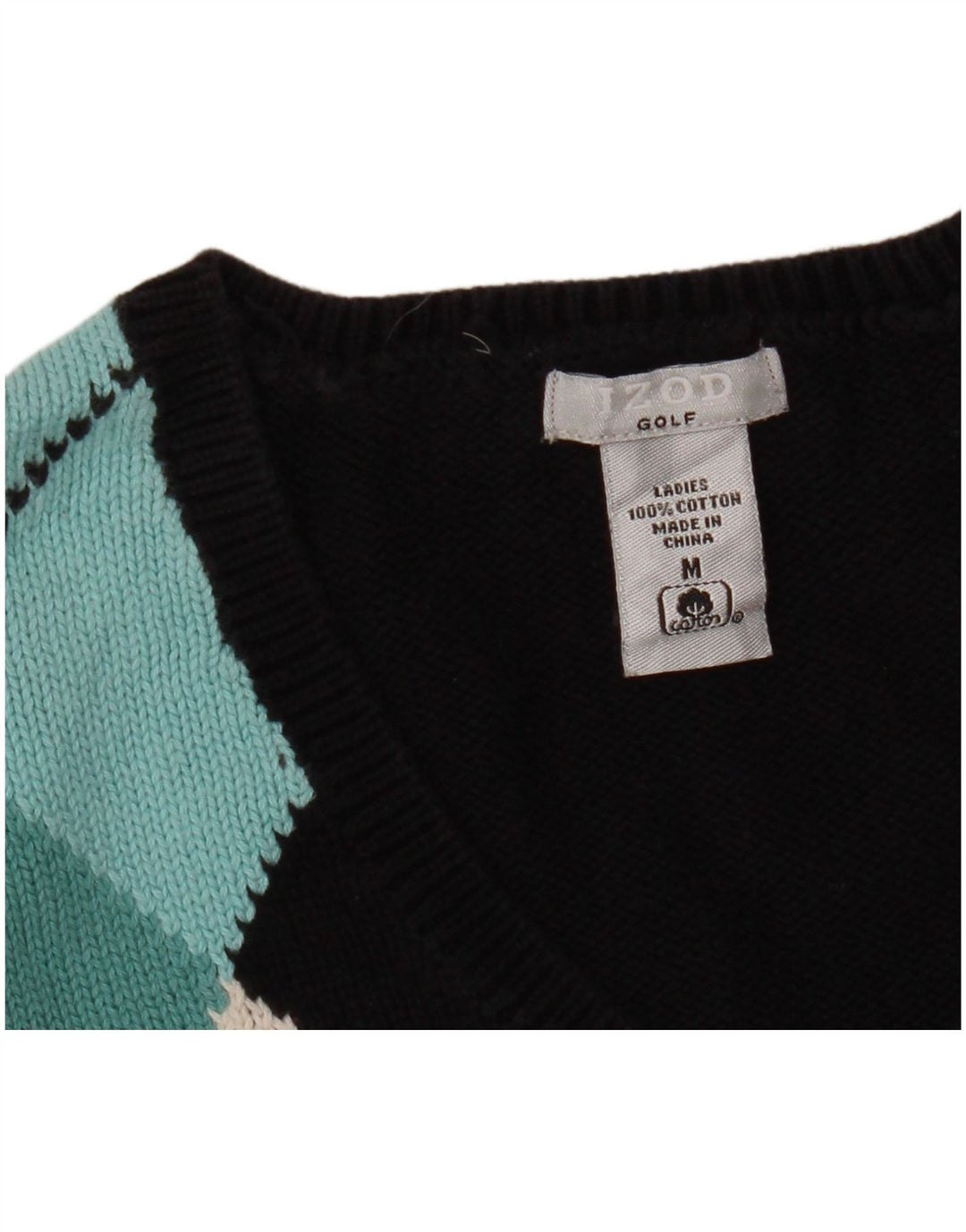 IZOD Damski sweter golfowy z dekoltem w kształcie litery V, UK 12, średni czarny Argyle/Diament