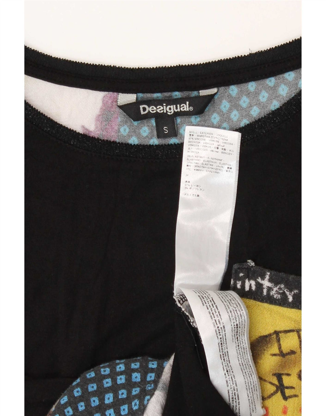 Damski top Desigual z abstrakcyjnym wzorem, rękawem 3/4, UK 10, mała, czarna wiskoza