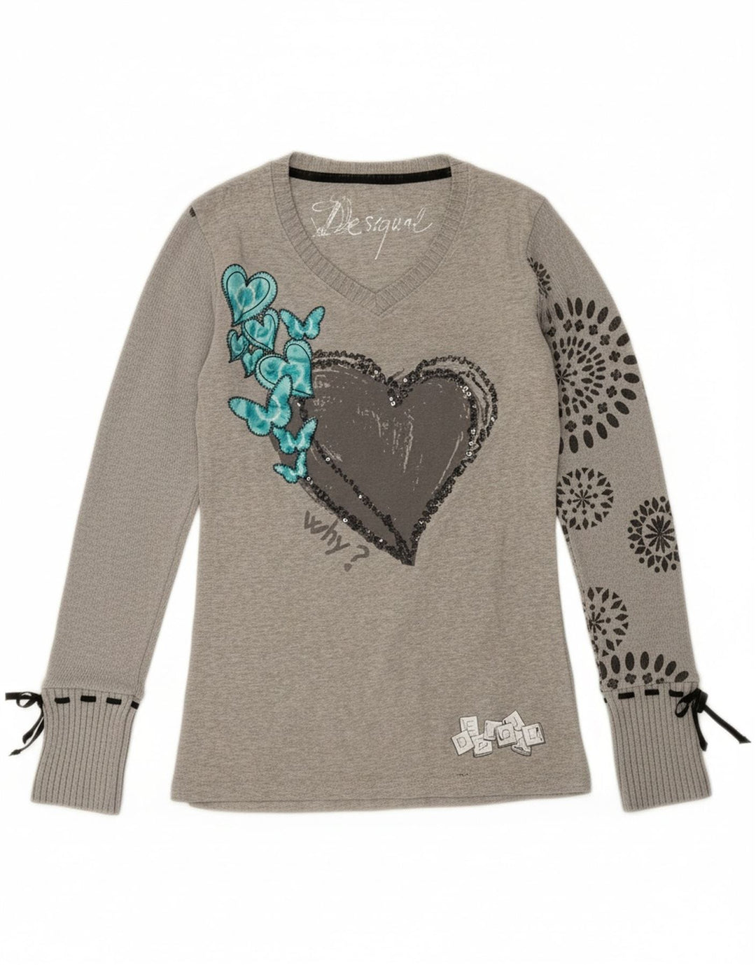 DESIGUAL Womens Graphic Top Long Sleeve UK 10 Small Grey Heart Vintage Desigual and Second-Hand Desigual from Messina Hembry 