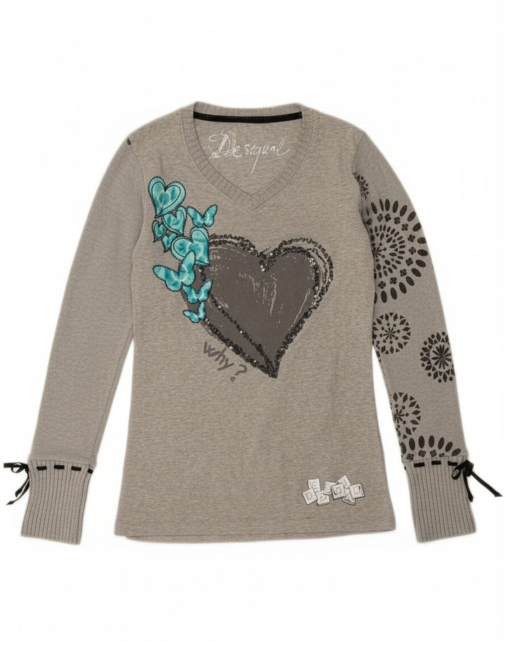 DESIGUAL Womens Graphic Top Long Sleeve UK 10 Small Grey Heart Vintage Desigual and Second-Hand Desigual from Messina Hembry 