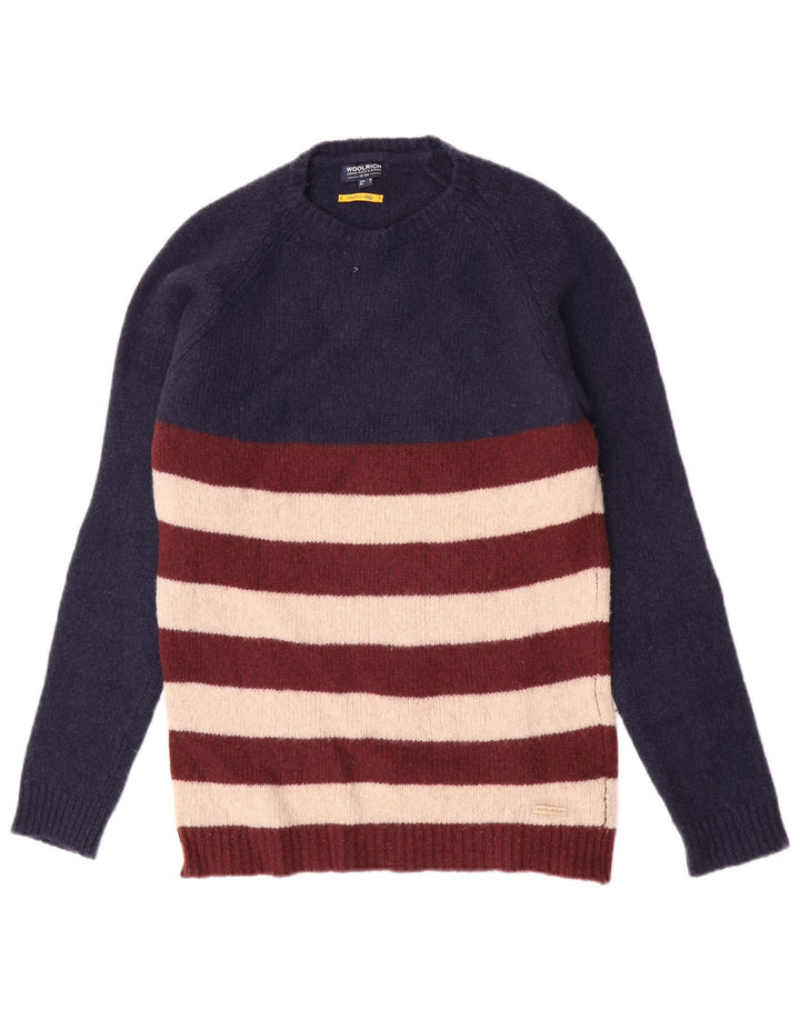 Woolrich Męski sweter z okrągłym dekoltem, wełniany, w średnim kolorze granatowym w paski