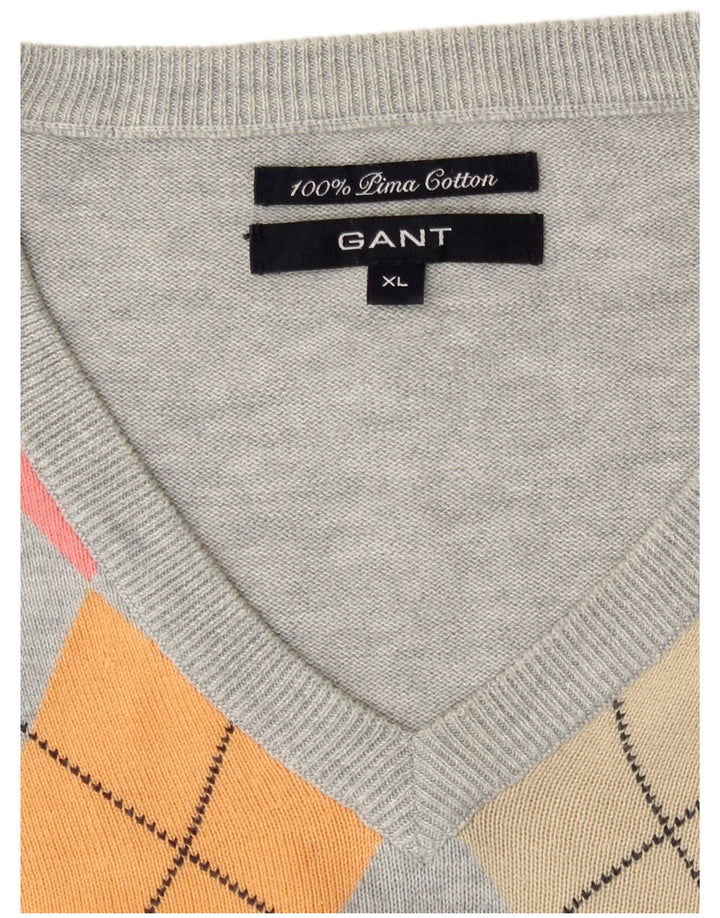 Męski sweter Gant z dekoltem w kształcie litery V, XL, szary, argyle/diamentowa bawełna