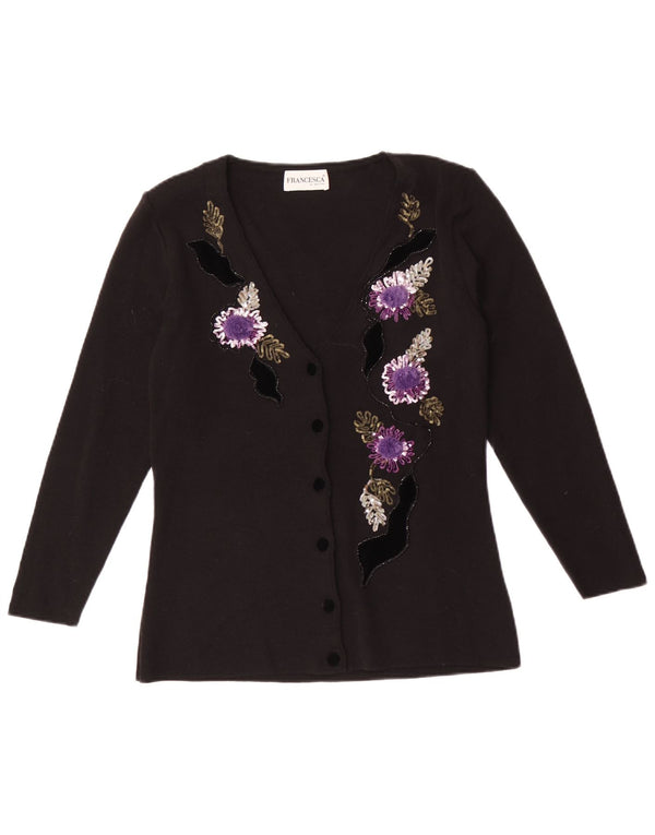 Sweter damski Francesca By Sottini Cardigan UK 14, duży, czarny, w kwiaty, wełniany