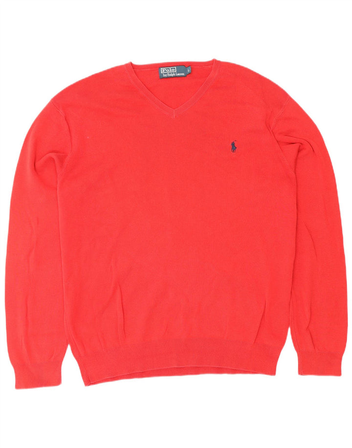 POLO RALPH LAUREN Męski sweter z dekoltem w kształcie litery V, duży, czerwony, bawełniany