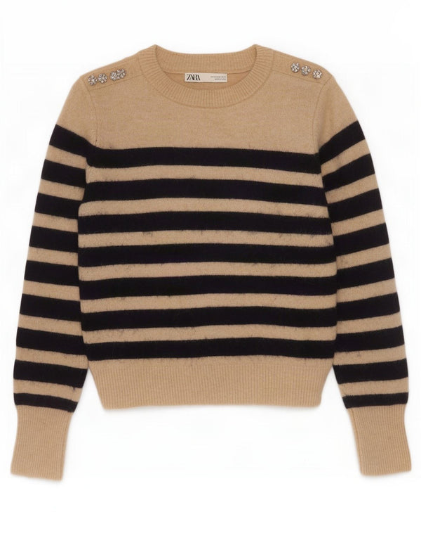 Damski sweter Zara z okrągłym dekoltem UK 12 Średni beżowy nylon w paski