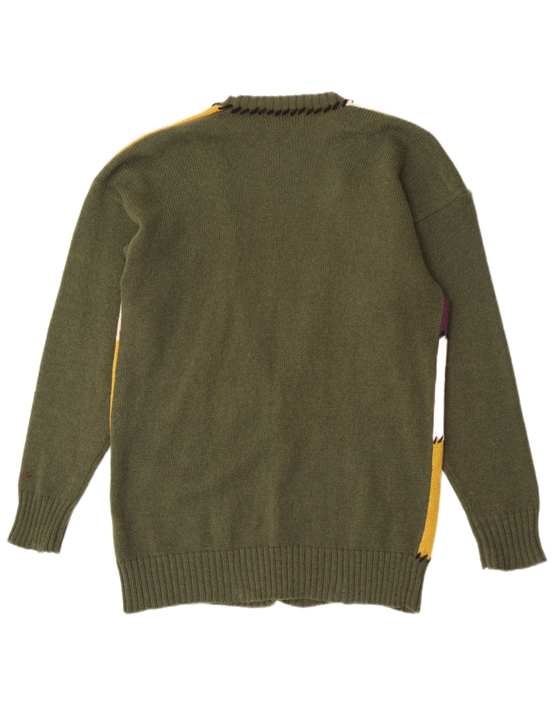 Vintage damski sweter z grafiką UK 16, duży, zielony, patchworkowy, wełniany