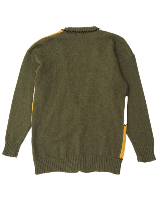 Vintage damski sweter z grafiką UK 16, duży, zielony, patchworkowy, wełniany