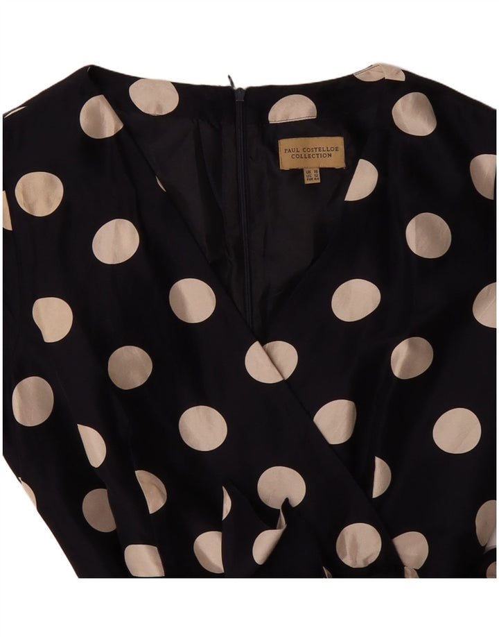 PAUL COSTELLOE Damska sukienka o linii A UK 16, duża, granatowa, jedwabna w kropki