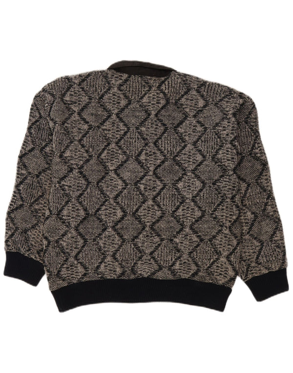 Męski sweter w stylu vintage, z dekoltem w kształcie litery Polo, mały, szary, geometryczny akryl