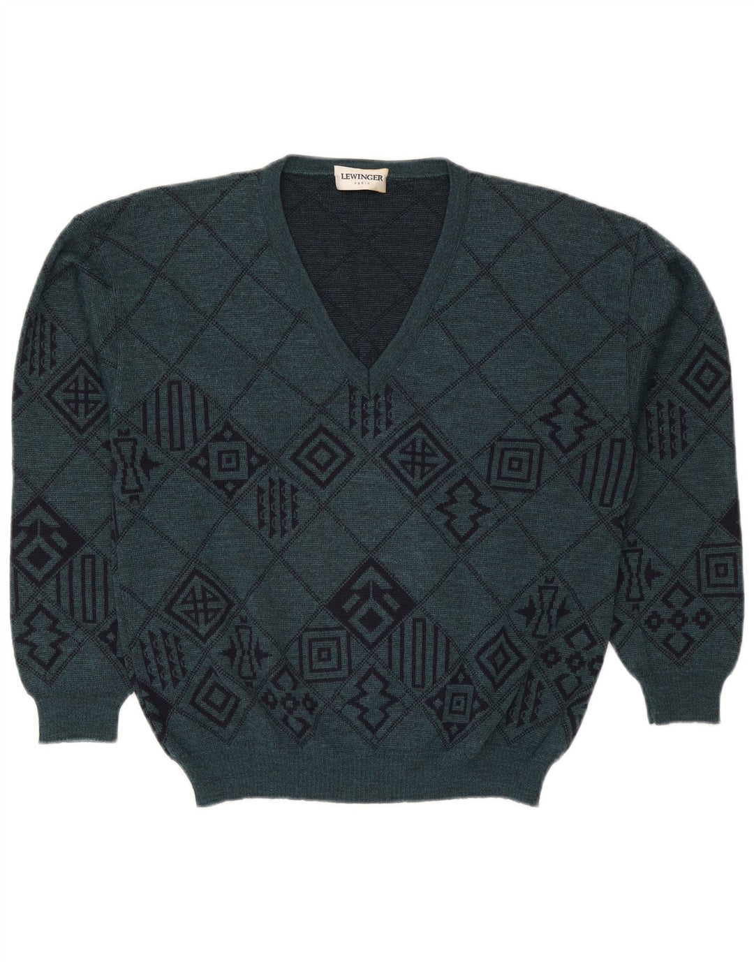 Męski sweter z dekoltem w serek Lewinger Średni zielony, geometryczny wełniany