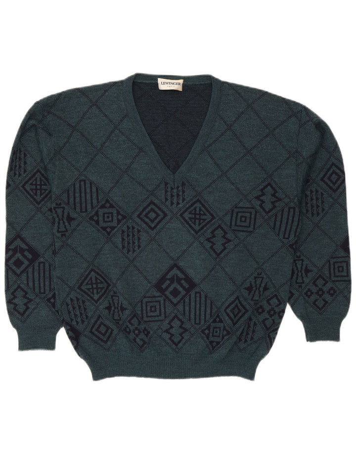 Męski sweter z dekoltem w serek Lewinger Średni zielony, geometryczny wełniany