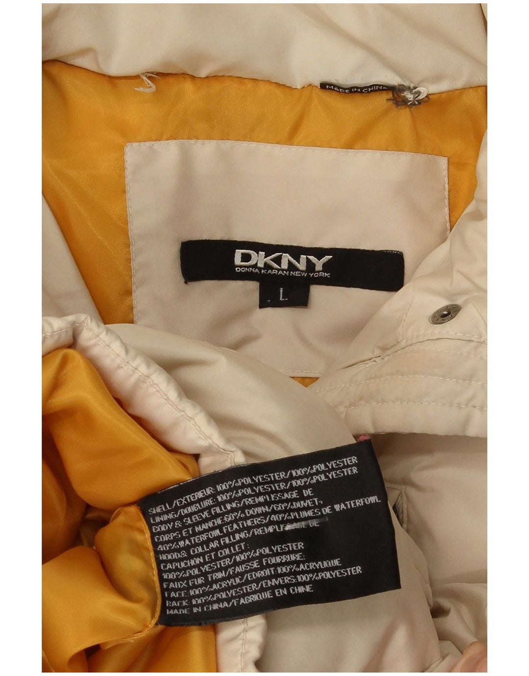 Damski ocieplany płaszcz z kapturem i kapturem Dkny UK 14, duży, beżowy poliester