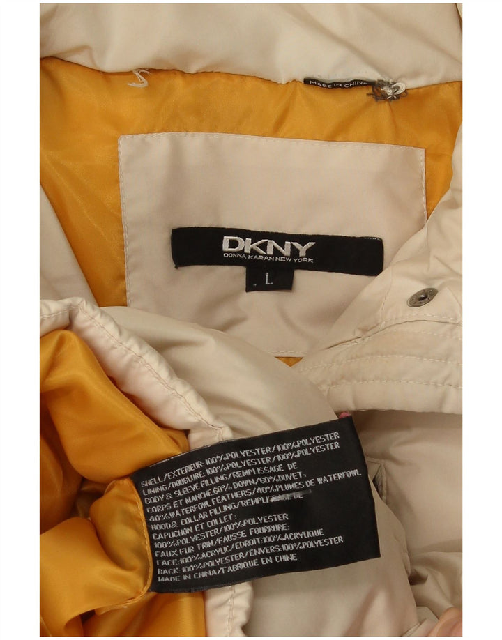 Damski ocieplany płaszcz z kapturem i kapturem Dkny UK 14, duży, beżowy poliester