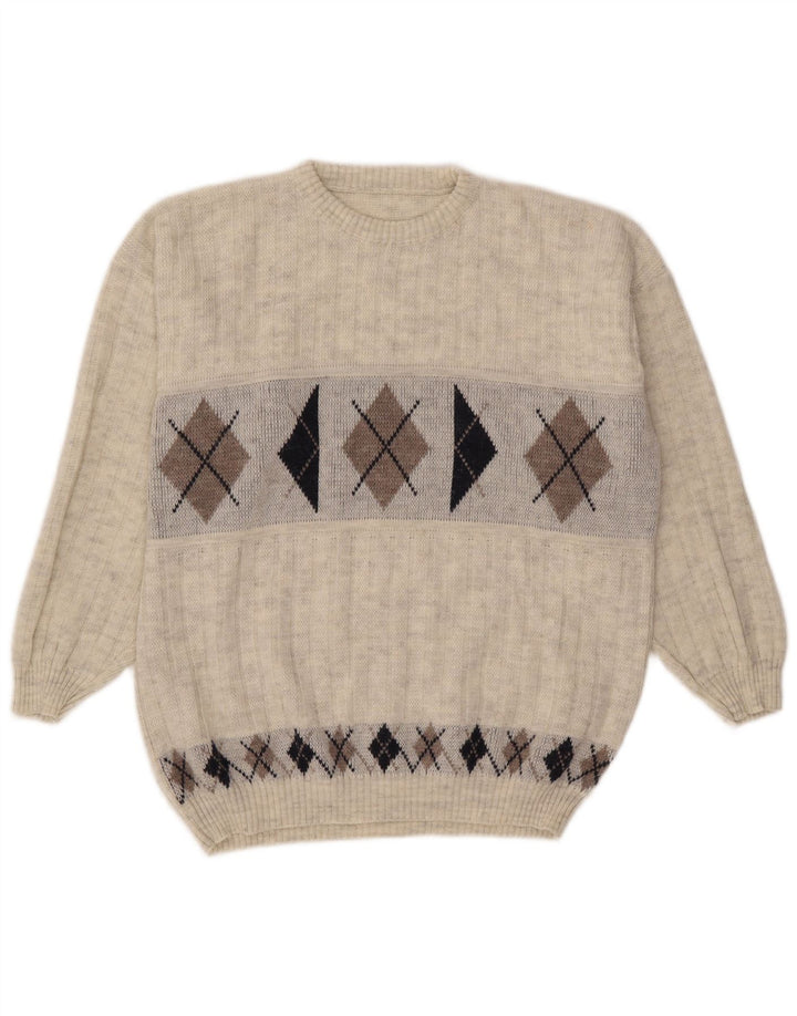 Vintage męski sweter z okrągłym dekoltem XL szary Argyle/diament