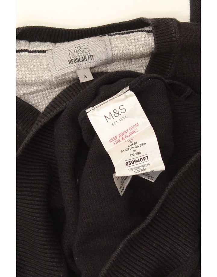 Marks & Spencer Męski sweter o regularnym kroju z dekoltem w kształcie litery V, mały, czarny, bawełniany