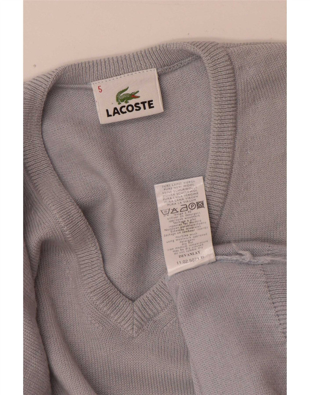 Lacoste Męski sweter z dekoltem w kształcie litery V, rozmiar 5, duży, niebieski, z dziewiczej wełny