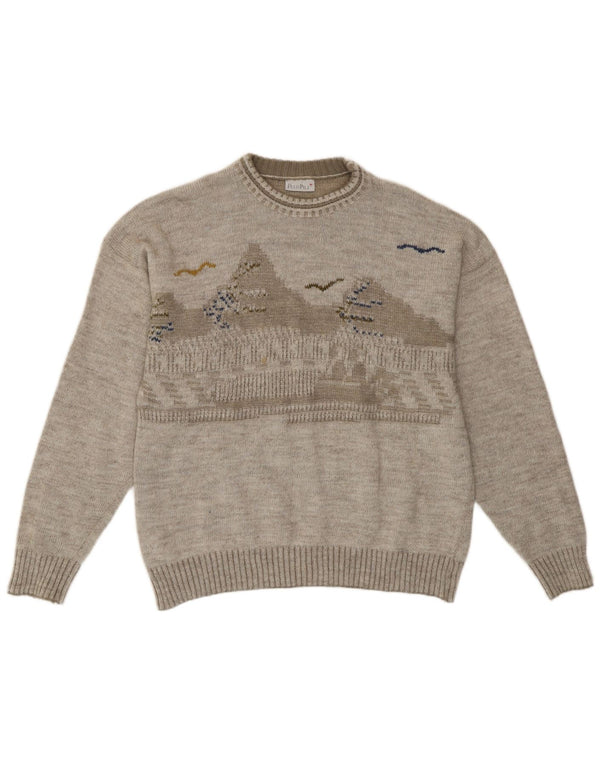 Vintage męski sweter z okrągłym dekoltem, średnio szary, geometryczny retro