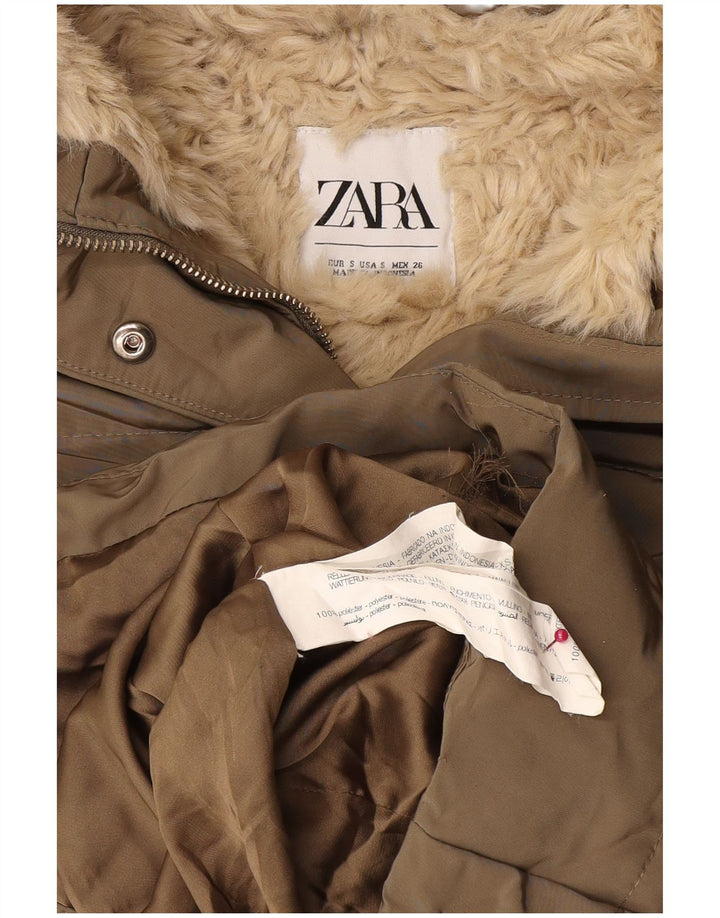 Damska kurtka z kapturem i wyściełaną tkaniną Sherpa Zara UK 10, mała, khaki, poliester