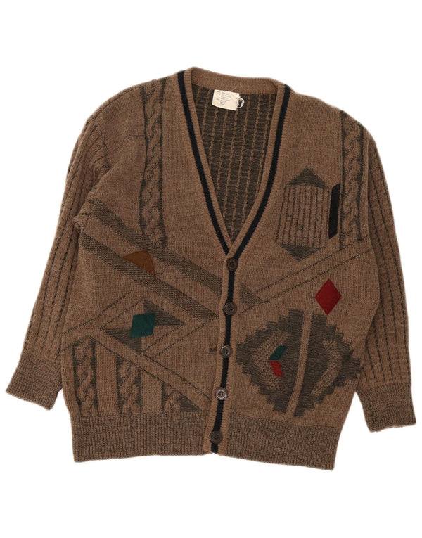 Sweter męski rozpinany w stylu vintage UK 34/36 Mały brązowy geometryczny poliakryl