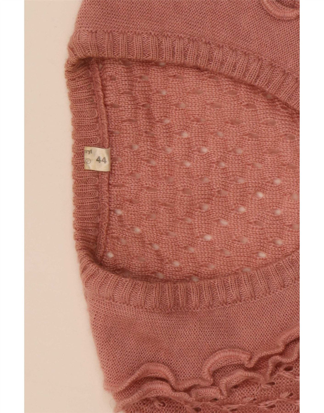 Vintage damski sweter z falbaną z przodu i dekoltem w szpic IT 44 średni róż