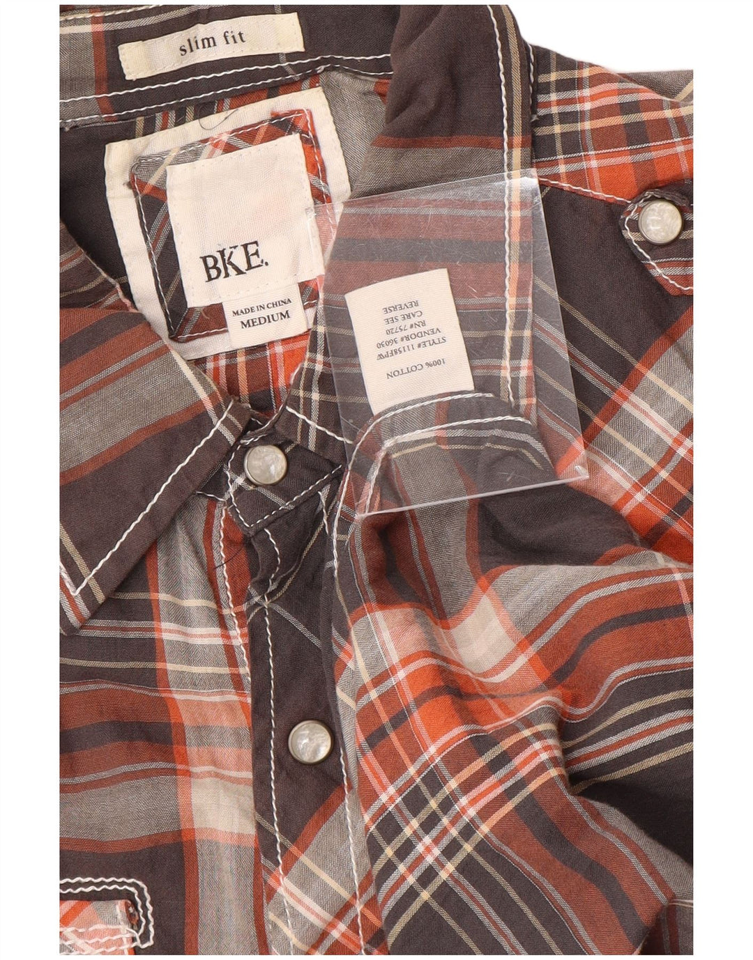 BKE Mens Military Slim Fit Shirt Medium Grey Check Cotton