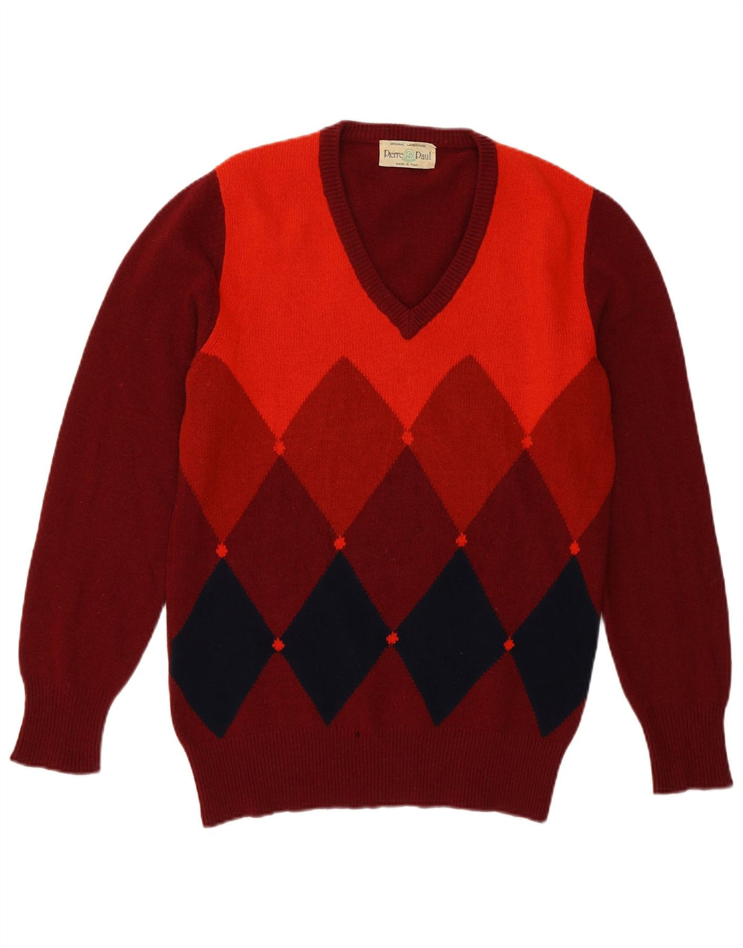 Sweter męski w stylu vintage z dekoltem w szpic, średni burgund, argyle/diamentowa wełna owcza