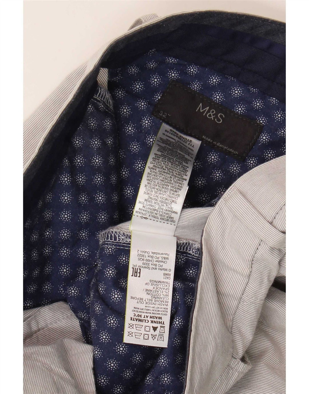 Marks & Spencer Męskie spodenki Chino W32 Średnioszare, bawełniane w prążki