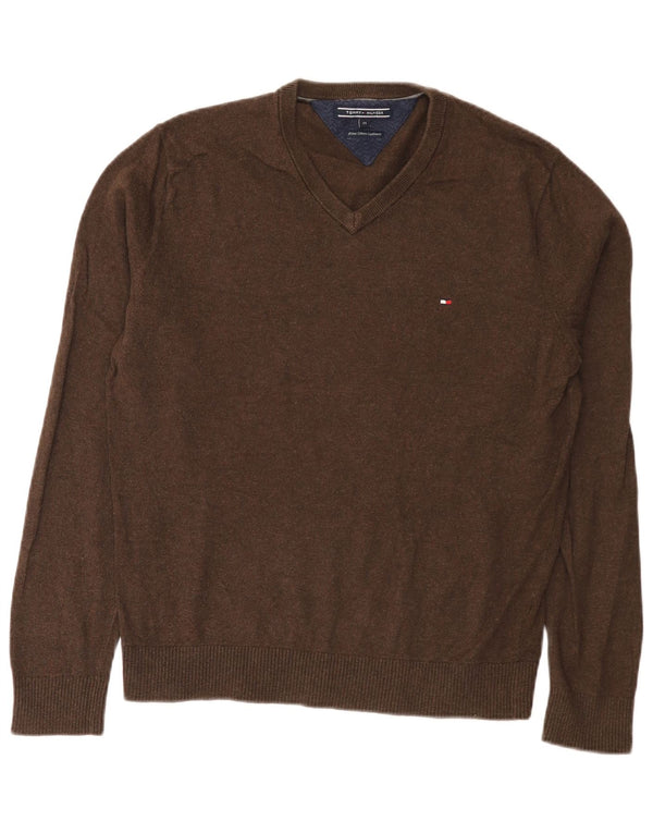Męski sweter Tommy Hilfiger z dekoltem w kształcie litery V, średniobrązowy, bawełniany