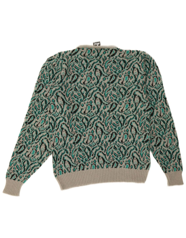 Vintage damski sweter z okrągłym dekoltem UK 14, średni zielony wełniany paisley