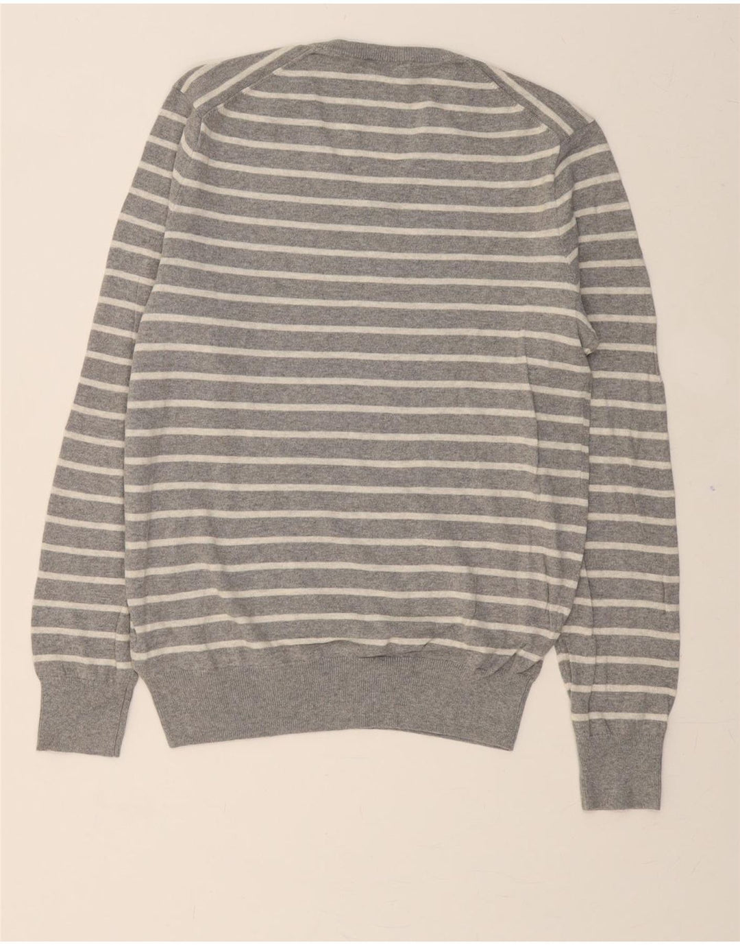 GAP Mens V-Neck Jumper Sweater Medium Grey Striped Cotton Vintage Gap and Second-Hand Gap from Messina Hembry 
