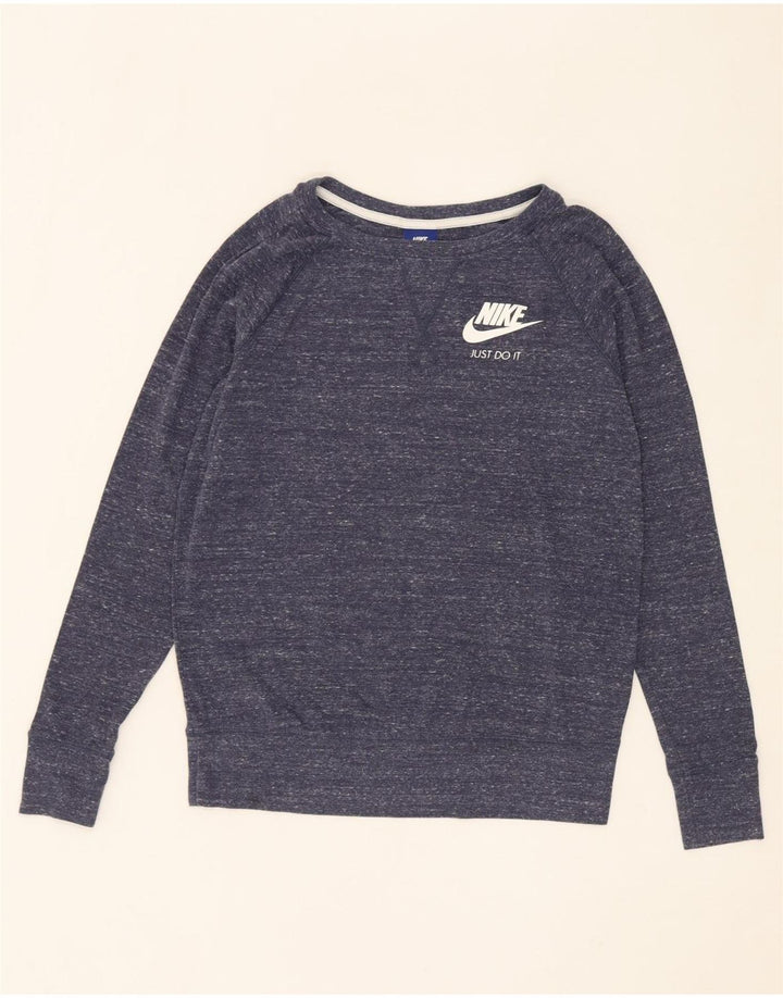 NIKE Womens Graphic Sweatshirt Jumper UK 14 Medium Navy Blue Flecked Vintage Nike and Second-Hand Nike from Messina Hembry 