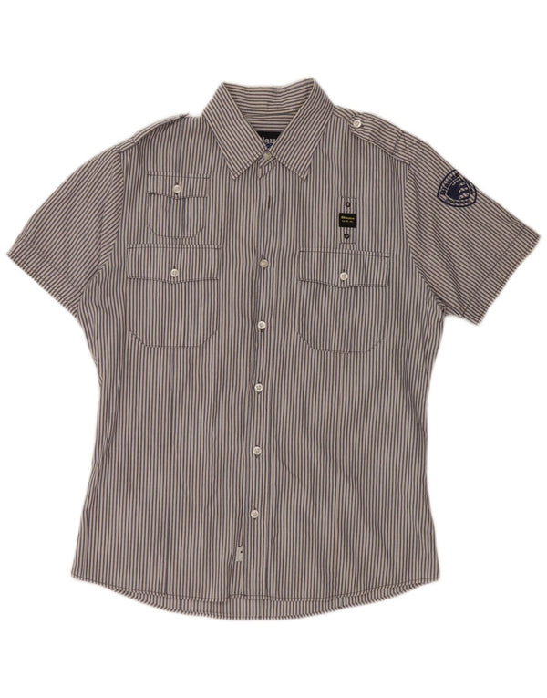 BLAUER Mens Military Short Sleeve Shirt Large Blue Pinstripe Cotton