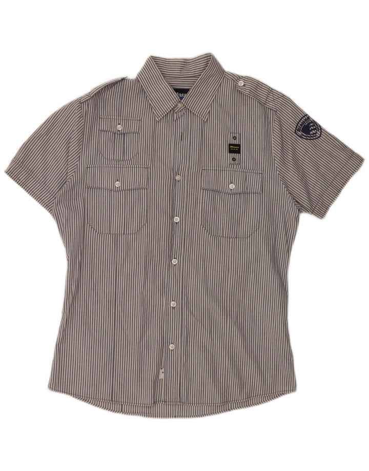 BLAUER Męska koszula wojskowa z krótkim rękawem, duża, niebieska, bawełniana w prążki