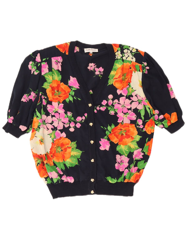 Vintage Womens Short Sleeve Cardigan Top IT 46 Large Navy Blue Floral