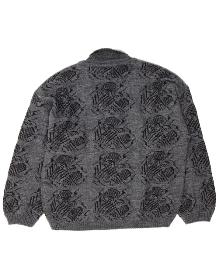 Vintage męski sweter z wywijanym dekoltem w abstrakcyjny wzór, duży szary